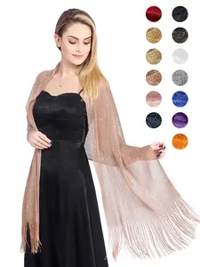Women's Glitter Fringe Trim Open Front Cape Shawl, Elegant Solid Color Shawl for Wedding Bridal Party Formal Occasions, Fashion Accessories for Women