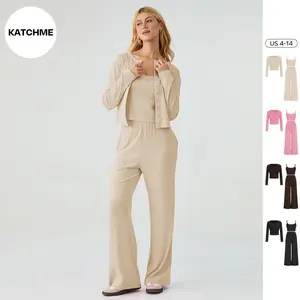 KatchMe Women's Elegant Slim Camisole & High Waist Trousers with Long Sleeve Cardigan Three-Piece Set, Solid Color 3 Piece Outfits for Spring & Fall