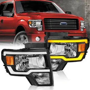 Headlight Assembly Compatible with 2009-2014 Ford F150 Front Lamp with Sequential Turn Light/Led DRL-Black Housing/Clear Lens/Amber Reflector Truck Vehicle