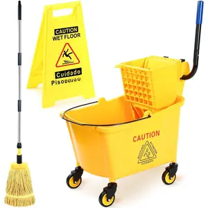35 Quart Commercial Mop Bucket with Side Press Wringer  Wheels Yellow Industrial Mop and Bucket Set with Caution Sign for Floor Cleaning