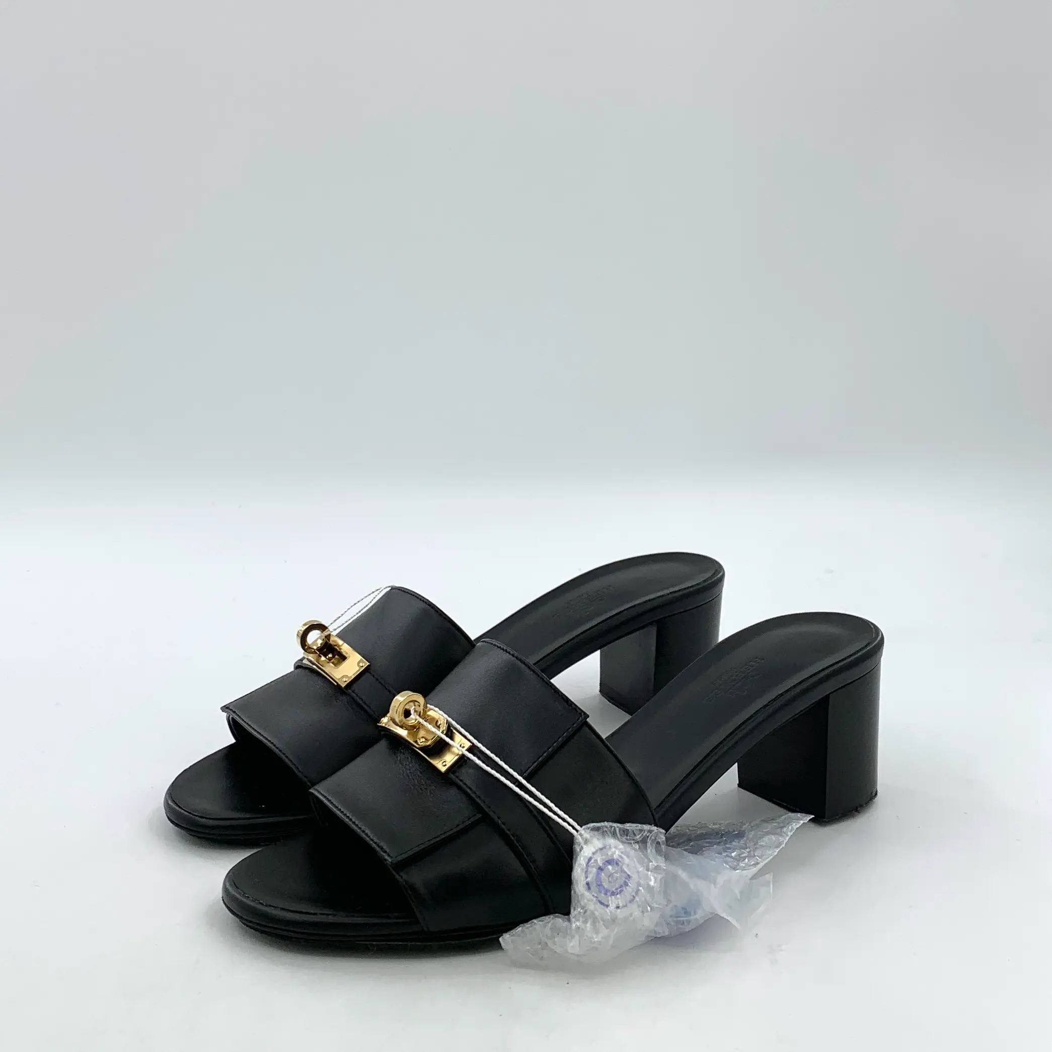 RDLT-Hermes Size 39 Black Kelly Leather Heeled Slide Sandals-H35532