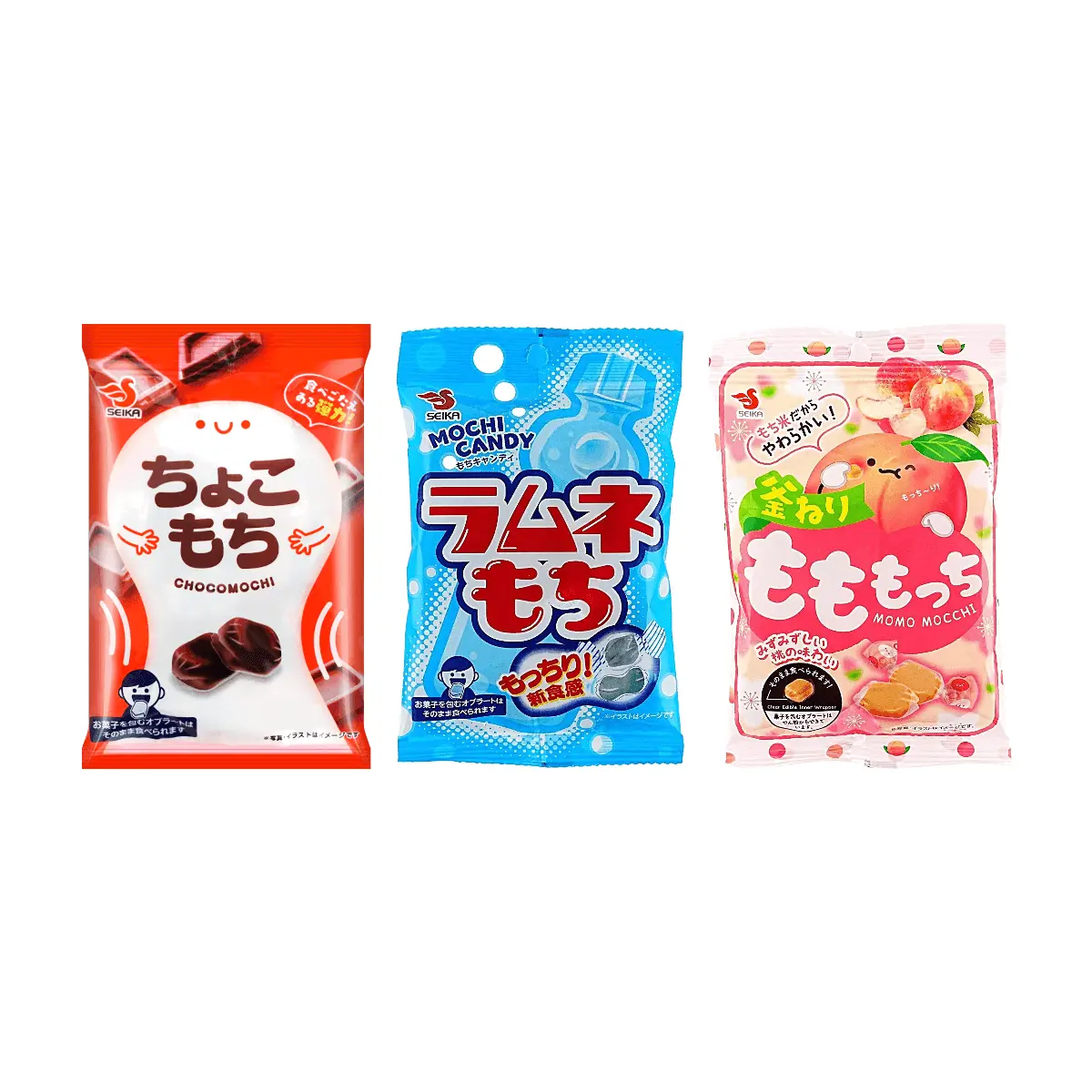 SEIKA Japanese Mochi Gummy Assortment - Chocolate, Ramune Soda & Peach Flavors - 3 Packs (99g) - Soft Chewy Japanese Candy Snack