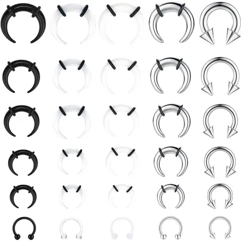 Unisex 30-Piece Stainless Steel Septum Stretchers Kit - Stretching Septum Tools, 6G-16G C-Shape Pinchers, Horseshoe Rings, 12G/14G/10G Nose Ring & Piercing Accessories for Adults' Everyday Casual Use
