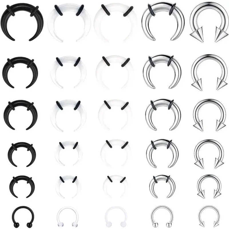 Unisex 30-Piece Stainless Steel Septum Stretchers Kit - Stretching Septum Tools, 6G-16G C-Shape Pinchers, Horseshoe Rings, 12G/14G/10G Nose Ring & Piercing Accessories for Adults' Everyday Casual Use