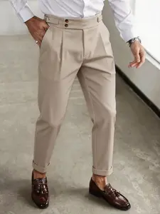 Men's High-Waisted Pleated Suit Pants, Side Button Adjustable Conical Trousers, Comfortable Wrinkle-Resistant, Business Casual Long Pants