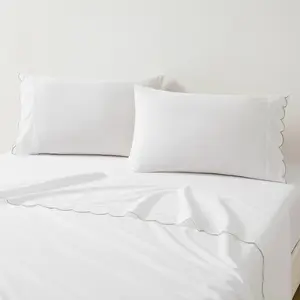 Lush Decor Coastal Chic Scalloped Edge Cotton Sheet Set - 4 Piece White Bedding with Contrasting Trim, OEKO-TEX Certified, Machine Washable