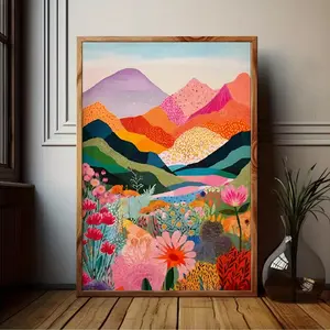 Abstract Mountain Floral Wall Art Poster, Colorful Dopamine Canvas Print, Modern Patchwork Landscape Decor for Living Room, Bedroom & Apartment
