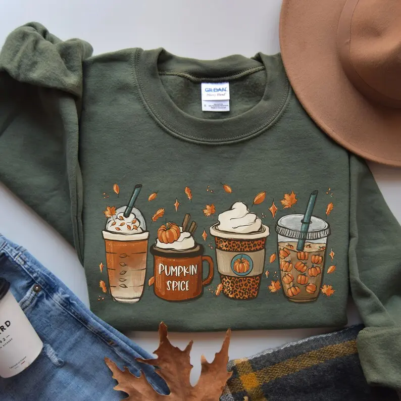 Fall Pumpkin Spice Coffee Sweatshirt/Tshirt, Iced Coffee & Latte Graphic Crewneck, Cute Pumpkin Spice Mug Leopard Print Coffee Cup Autumn Sweater, Cozy Fall Vibes Coffee Lover Unisex Plus Size Top