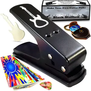 DIY Guitar Picks Punch Mega Pack - Custom Pick Maker for Musicians - Features Leather Key Chain Holder, Pick Strips with Artwork & File -  Gifts for Men & Women - Black Punch