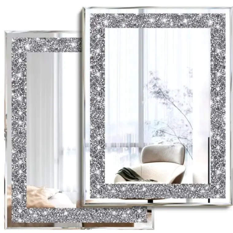 2 Piece Wall Mirrors Crush Diamond Wall Décor Silver Decorative Mirror for Living Room , Bedroom, Bathroom. (11”x15”) Hanging Set Crystal Circle