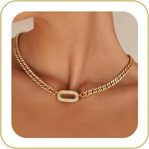 Gold Necklace for Women, 14K Gold Plated Chunky Cuban Link Chain Herringbone Paperclip Box Chain Choker Necklaces for Women Trendy Non Tarnish Jewelry Gifts