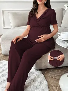 Women's V-Neck Lace Design Short Sleeve Maternity Set, Prenatal Maternity Clothing, Maternity Clothing, Comfortable & Stylish Pregnancy Wear, Perfect for Daily Use