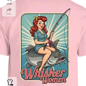 Whisker Women T-shirt Redhead Design with Fishing Graphic on Pink Background