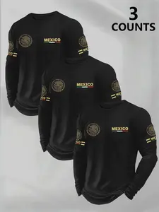 3 Piece Men's Fitted Round Neck Long Sleeve T-Shirts with Flag Pattern, Available in Multiple Color Combinations, Comfortable and Stylish for Daily Wear