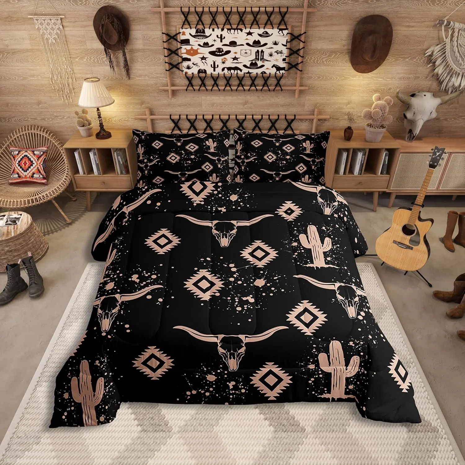 Feelyou Queen Bedding Set - Southwestern Theme Kids Quilt Set with Aztec Rustic Bull Skull, Vintage Geometric Cowboy Design, Microfiber Cow Print Blanket, Queen Bedding Sets