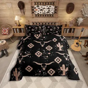 Aztec Comforter Set for Kids Boys Girls,Rustic Bull Skull Bedding Set,Southwestern Cowboy Quilt Set,Vintage Geometric Duvet Set