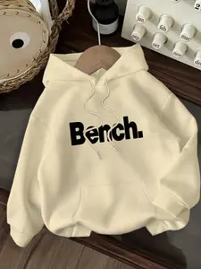 Women's Casual Fashion Fitted Hoodie, Sweatshirts, Bench Letter Print Kangaroo Pocket Drawstring, Fall & Winter Wear, Daily Use, Stylish Women's Clothing