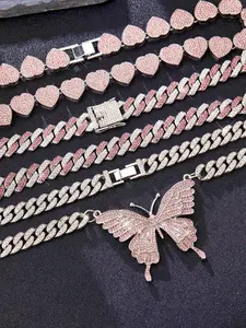 3pcs/set Hip-Hop Butterfly Heart Sets, Shiny Heart-Shaped Tennis Chain, Colorful Cuban Chain & Butterfly Pendant, Unisex Heart Design Necklace Set