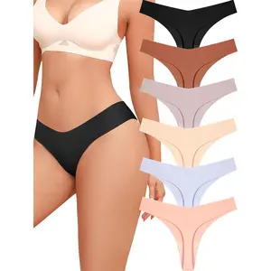 Seamless Thongs for Women No Show V-waisted Invisible Sexy Panties Tangas Thong Underwear Women 6 Pack