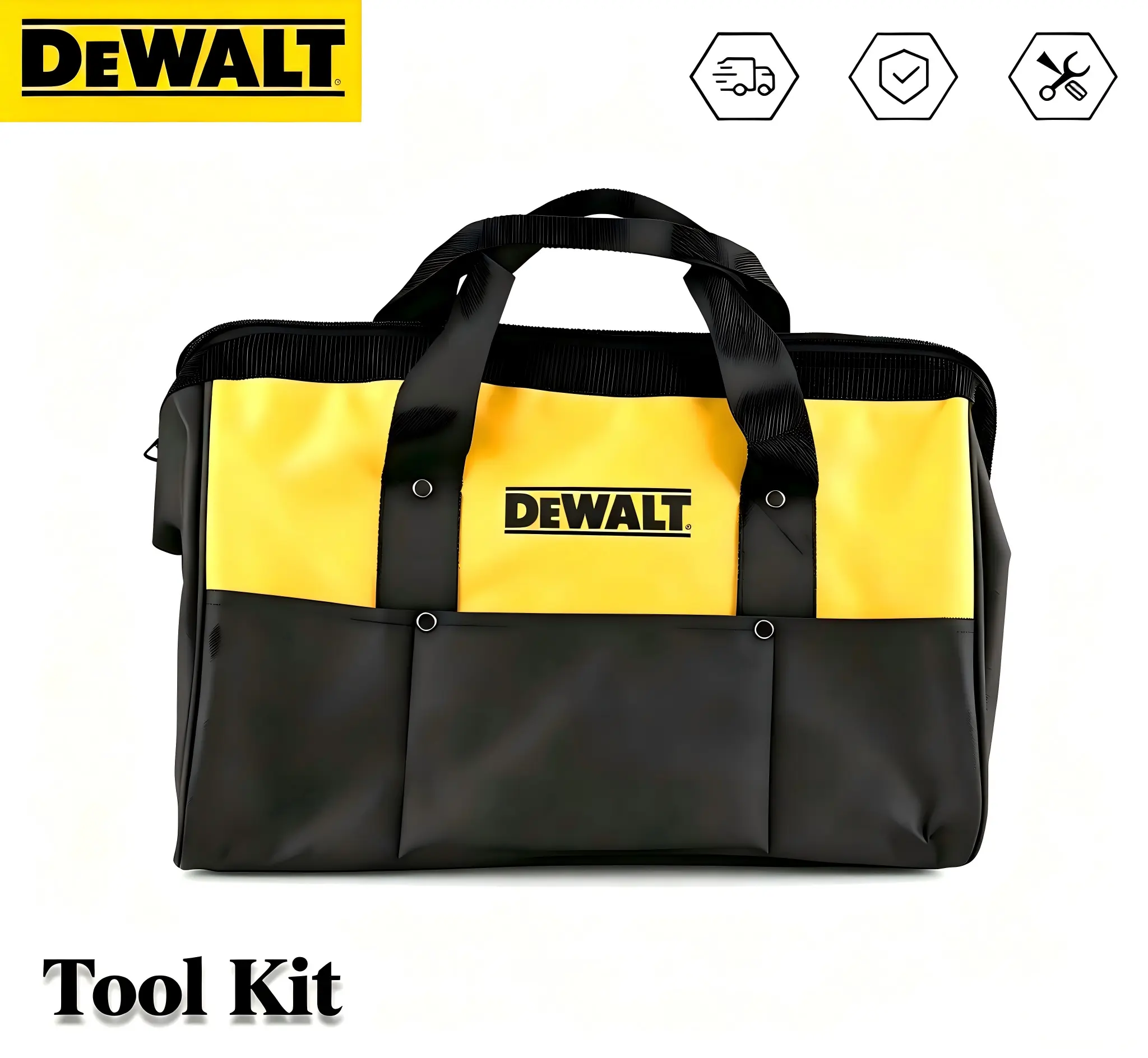 DeWalt Tool Kit Professional Portable Canvas Storage Bag with Sturdy Zipper, Reinforced Base Plate, and Dual Handles for Carpentry and Workshop Tasks.