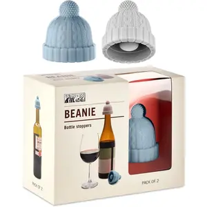 Beanie Cap Decorative  Bottle Stopper in a  Box, Set of Two, Novelty Cork, Beverage and  Keeper, Champagne Bottle stoppers (Blue & Grey)