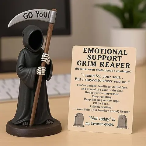 FuRise Emotional Support Grim Reaper Figurine – Resin Halloween Statue, Gothic Spooky Decor, Scythe & Cat Styles, Funny Halloween Gift