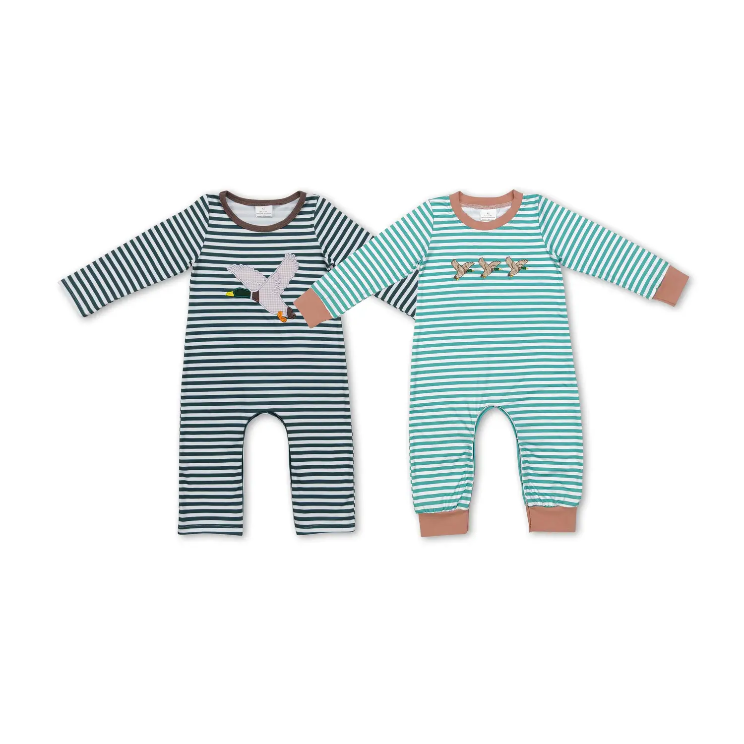 Girls      interviewee. Girls' Embroidered Duck Hunting Romper, Long-Sleeved Striped Jumpsuit, Girls' Jumpsuit, Striped Pattern