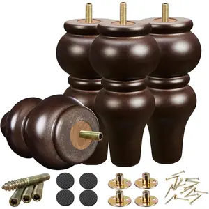 Round Mid-Century 8 Inch Solid Eucalyptus Wood Couch Legs, Set of 4, 1102lbs Capacity Espresso Replacement with 5/16" and M8 Bolts for Sofa Cabinet Dresser