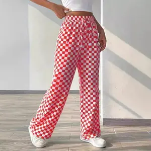Women’s straight-leg pants with an all-over checkerboard print and a drawstring waist; casual, comfortable high-waisted trousers for everyday wear; ladies’ bottoms suitable for all seasons; loose fit.