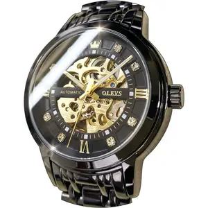 Brand OLEVS Men’s Gold Skeleton Watch Automatic Mechanical self Winding Luxury Dress Stainless Steel Waterproof Luminous Wrist Watches