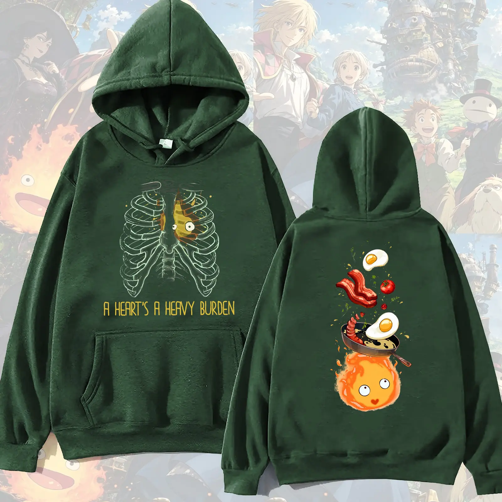 Calcifer's Hoodie, A Heart's A Heavy Burden 2 Sided Hoodie, Howls Moving Castle Sweatshirt, Calcifer Shirt, Studio Ghibli Gift Tee, Ghibli Calcifer Shirt, Hayao Miyazaki, Anime Lover Sweater, Y2K Shirt
