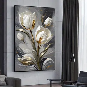 1 Piece Framed Abstract Floral Canvas Wall Art - Large Modern White Tulips and Gold Accents Oil Painting, Dark Background Living Room Bedroom Decoration, Fashionable Home Artwork, Goldaccentdesign, Exquisite Design