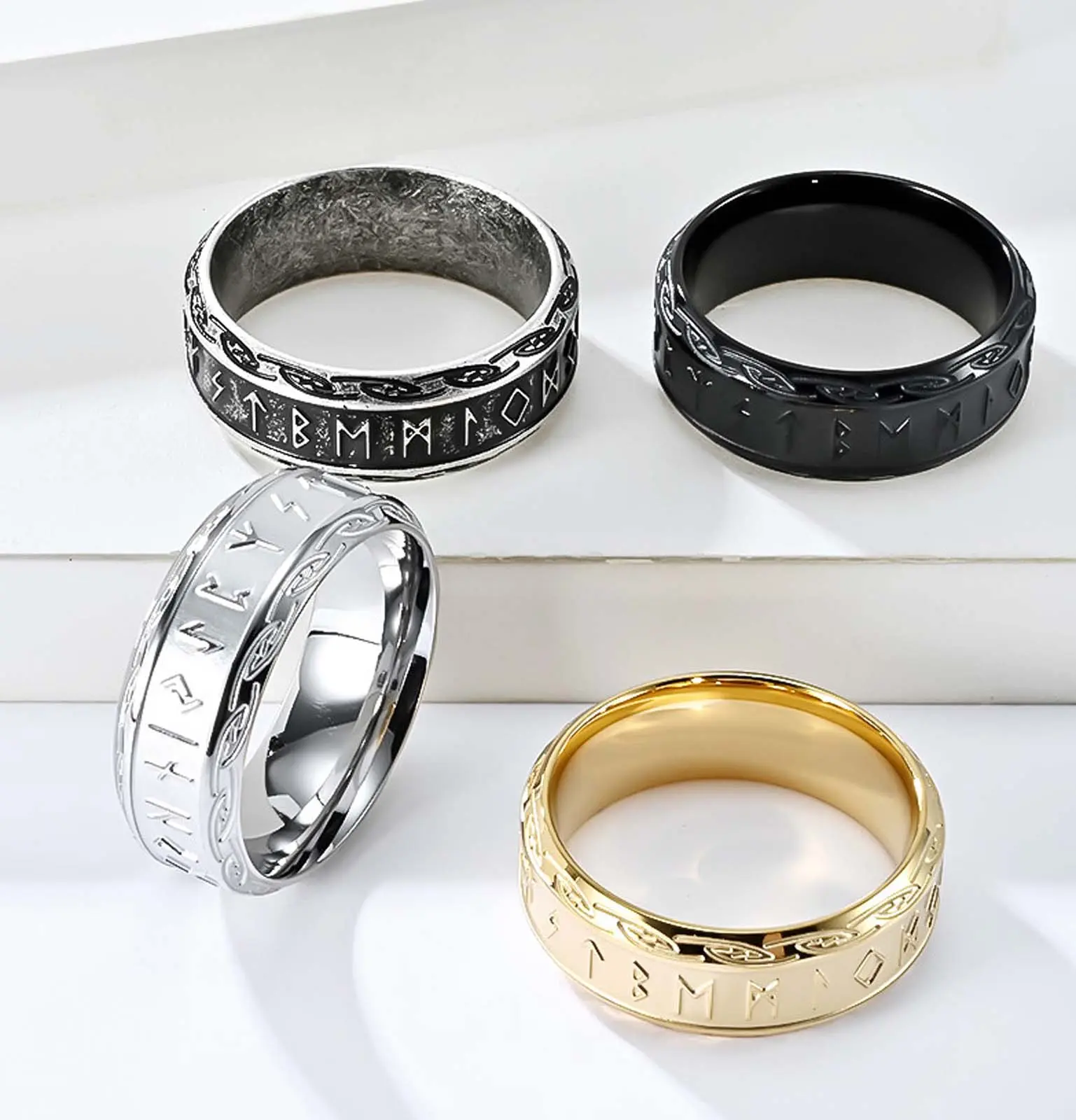 Viking Runes Powerful Norse Symbols Stainless Steel Band Ring - Personalized Size Jewelry Gift for Couples, Daily Faith Accessory for Men & Women, Rings