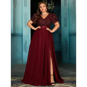 Women's Plus Size Burgundy Sequin Chiffon Formal Evening Gown - V-Neck, Puff Sleeve, High Slit Maxi Dress for Wedding Guest, Prom
