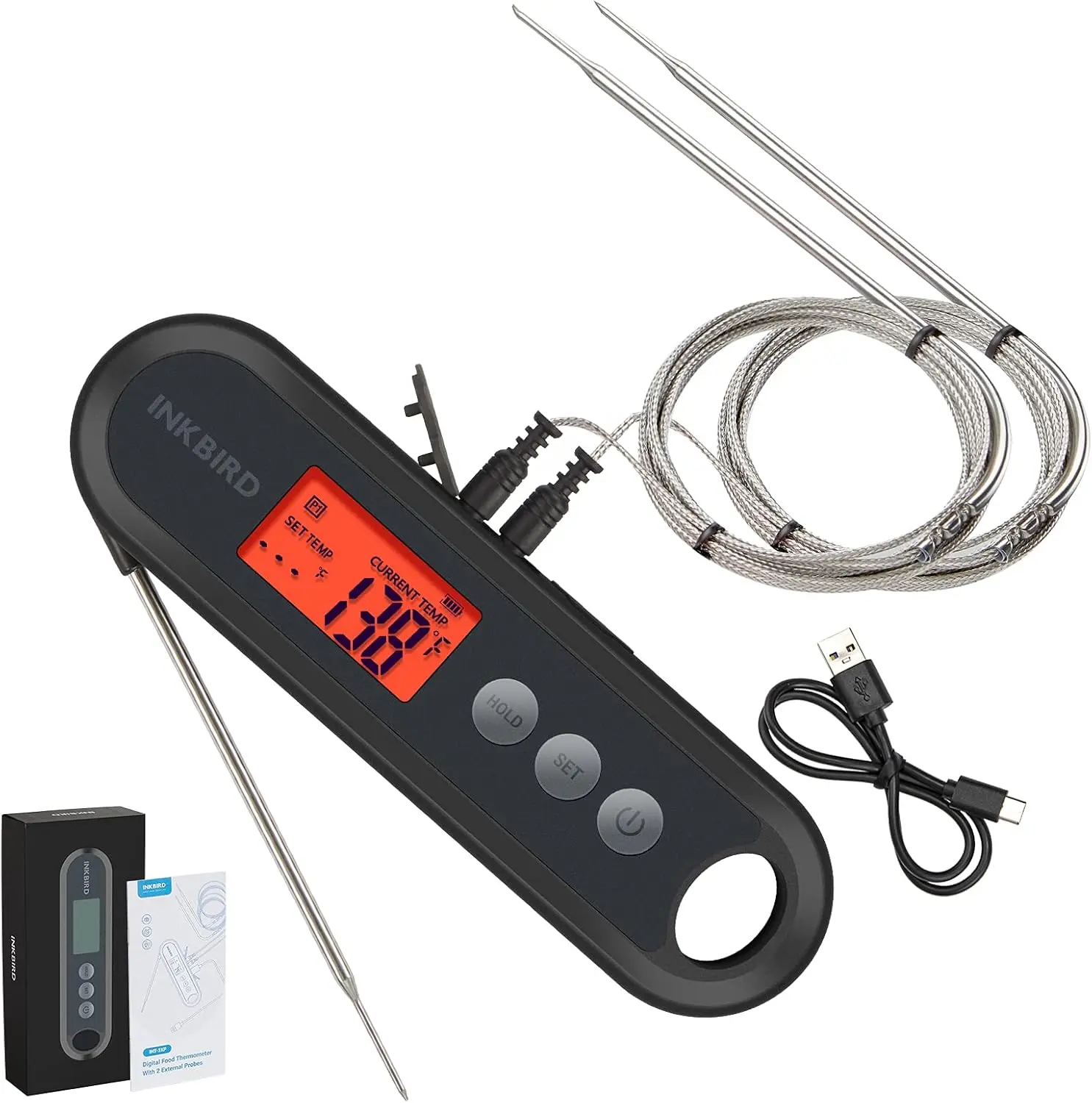INKBIRD Black Digital Food Thermometer - 3-in-1 Bluetooth IPX5 Rated Kitchenware, LCD with LED Display, Foldable Stainless Steel-Plastic Utensil, Temp Alarms, 250mAh, Single Unit for Grill Use, Mother's Day Gift