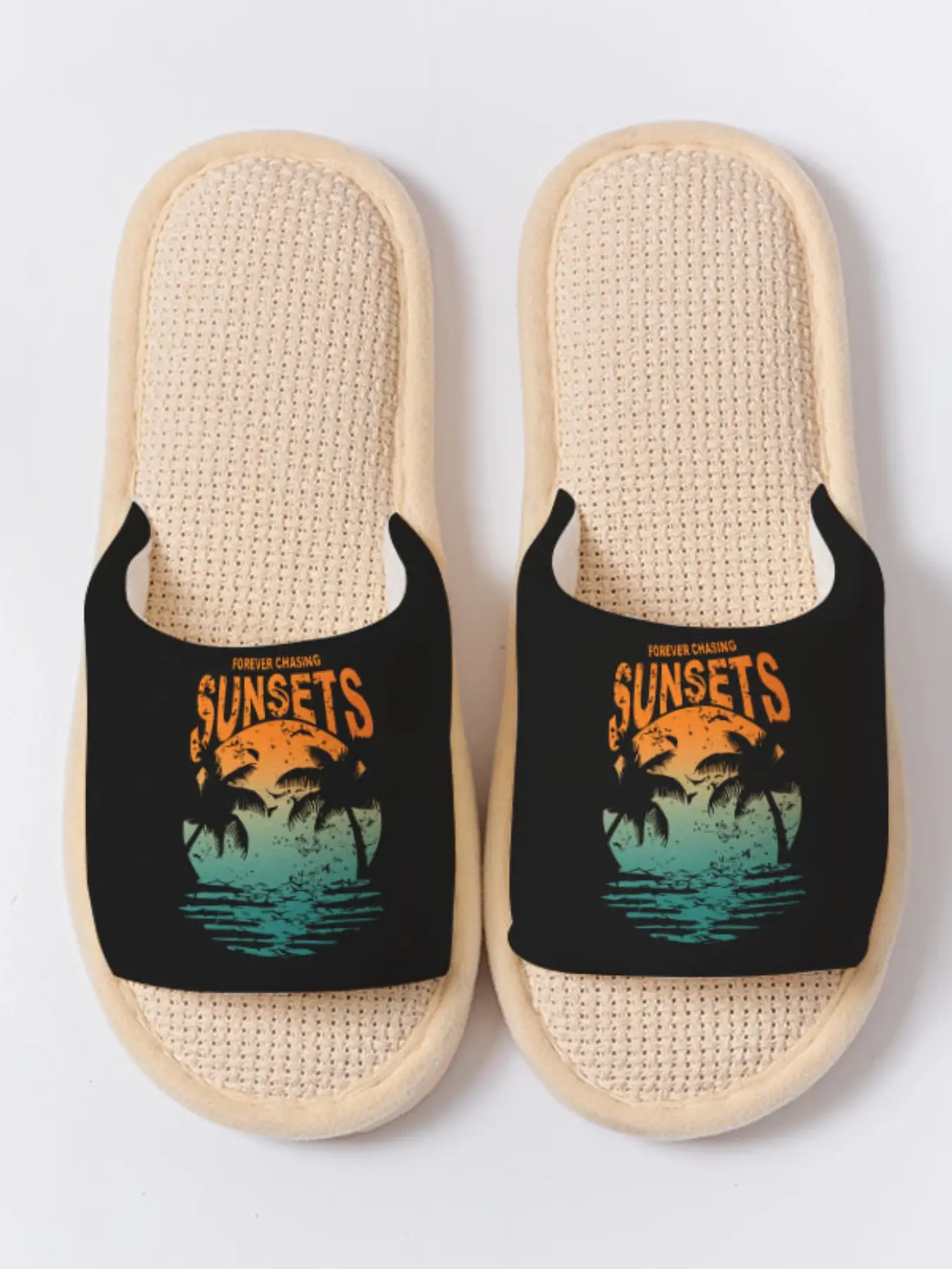 Sunset & Palm Tree Retro Print | Island Vacation Style 1 Pair Linen Breathable Non-Slip Soft Sole Home Slippers For Travel Lovers (Spring Summer Indoor Outdoor)