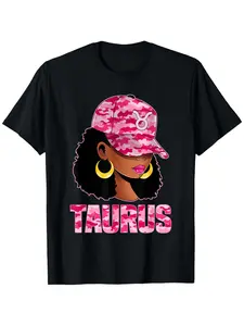 Zodiac T-Shirt Featuring a Taurus Queen, a Confident Black Woman with an Afro, in Pink Camouflage