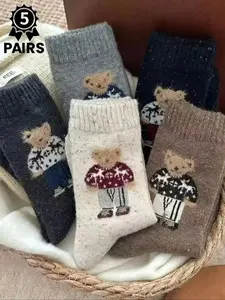 Adorable Bear-Print Mid-Calf Socks 5 Pairs Animal Pattern Couple's Set Unisex Fall/Winter Style Cozy Knit