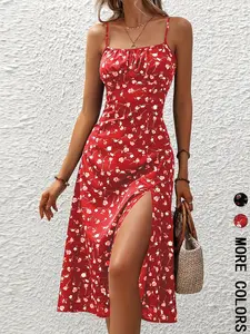 Women's Floral Print  Cami Dress, Boho Sleeveless Split Hem  Dress for Beach Holiday Vacation, Ladies Summer Clothes