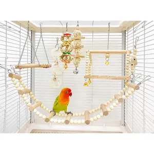 Parrot Chew Toy Set (8 Pieces),Standing Hanging Perch Hammock Climbing Ladder, Bird Cage Toys for Budgerigar, Parakeet, Finches and Other Small To Medium Birds