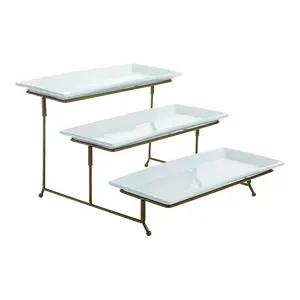 Gibson Gracious Dining Ceramic 3 Tier Rectangular Serving Platter, Appetizer Dessert Stand, Food Server Tray Display, Gold