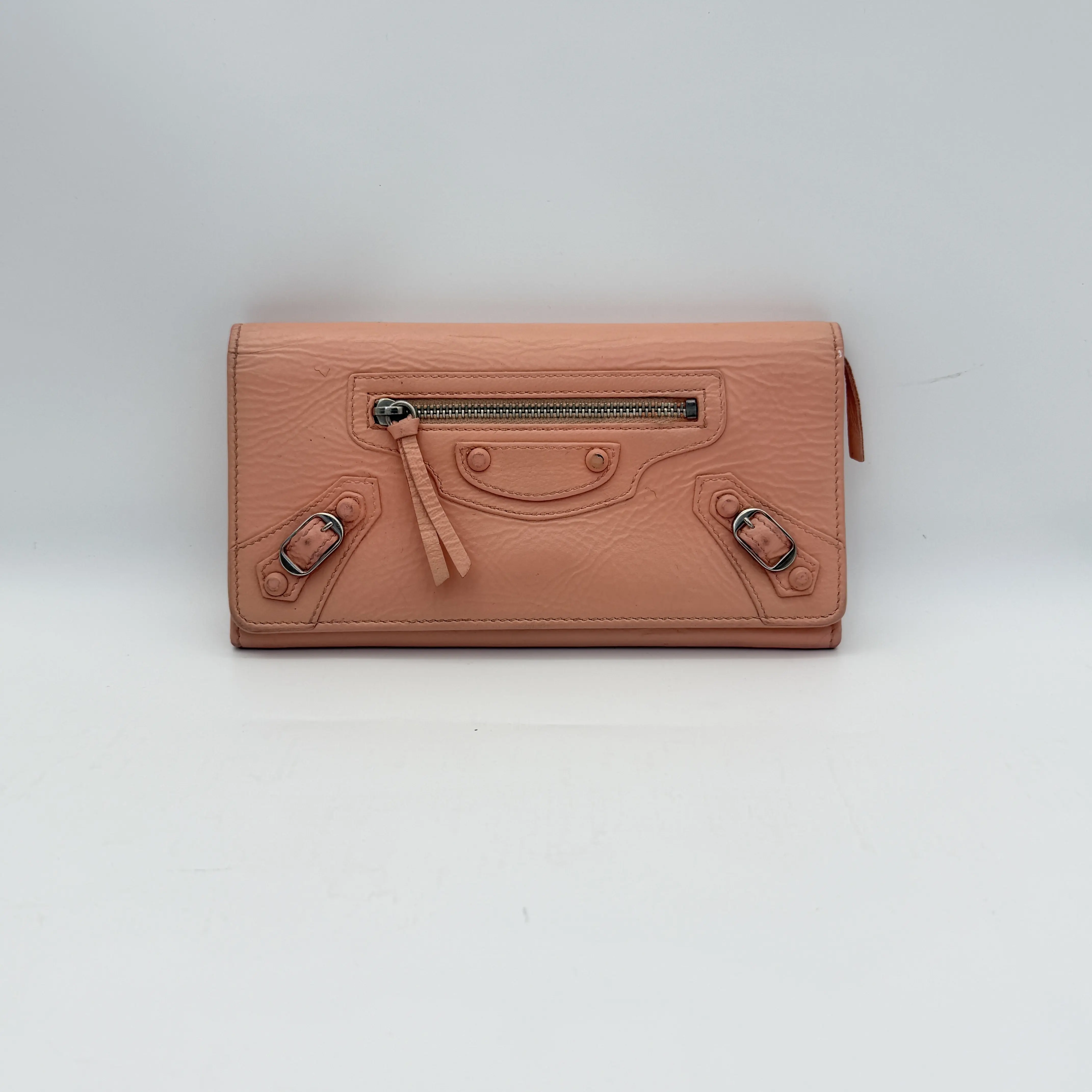 Pre-owned Balenciaga pink long zip around Motorcycle wallet