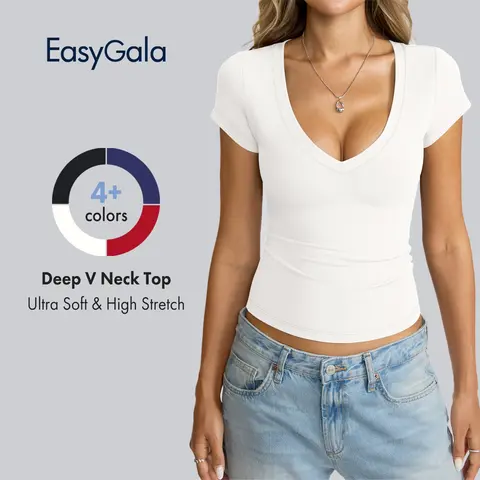 EasyGala Womens Deep V Neck Short Sleeve Shirts Creamy Soft Second Skin Slim Fit Low Cut Going Out Tops Y2K 2-Way Wear Regular Crop Tee High Stretch Summer Sexy T-Shirt Summer Outfits Casual Womenswear, Shortsleeve, Tops For Women