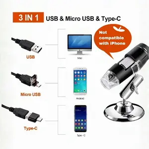 1600X Digital Microscope 3-in-1 Type-C/USB STEM Viewer with 8 LEDs & Metal Stand Portable Tool for Kids' Visual Learning Not for iPhone USB Adapters