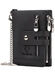 Men's Summer Fashion Plain Nylon Zipper Short Wallet, Casual Trendy Cowhide Leather Card Holder, Male Simple All-match Multi Function Money Bag Wallet Chain, Multi Functional Wallet