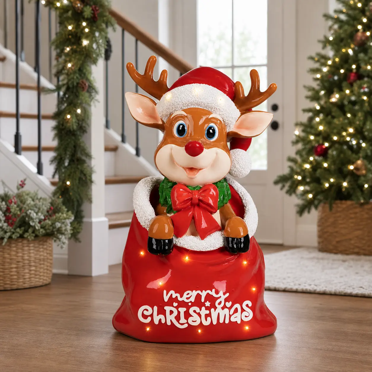 3 FT Lighted Funny Deer In Red Bag Battery Operated