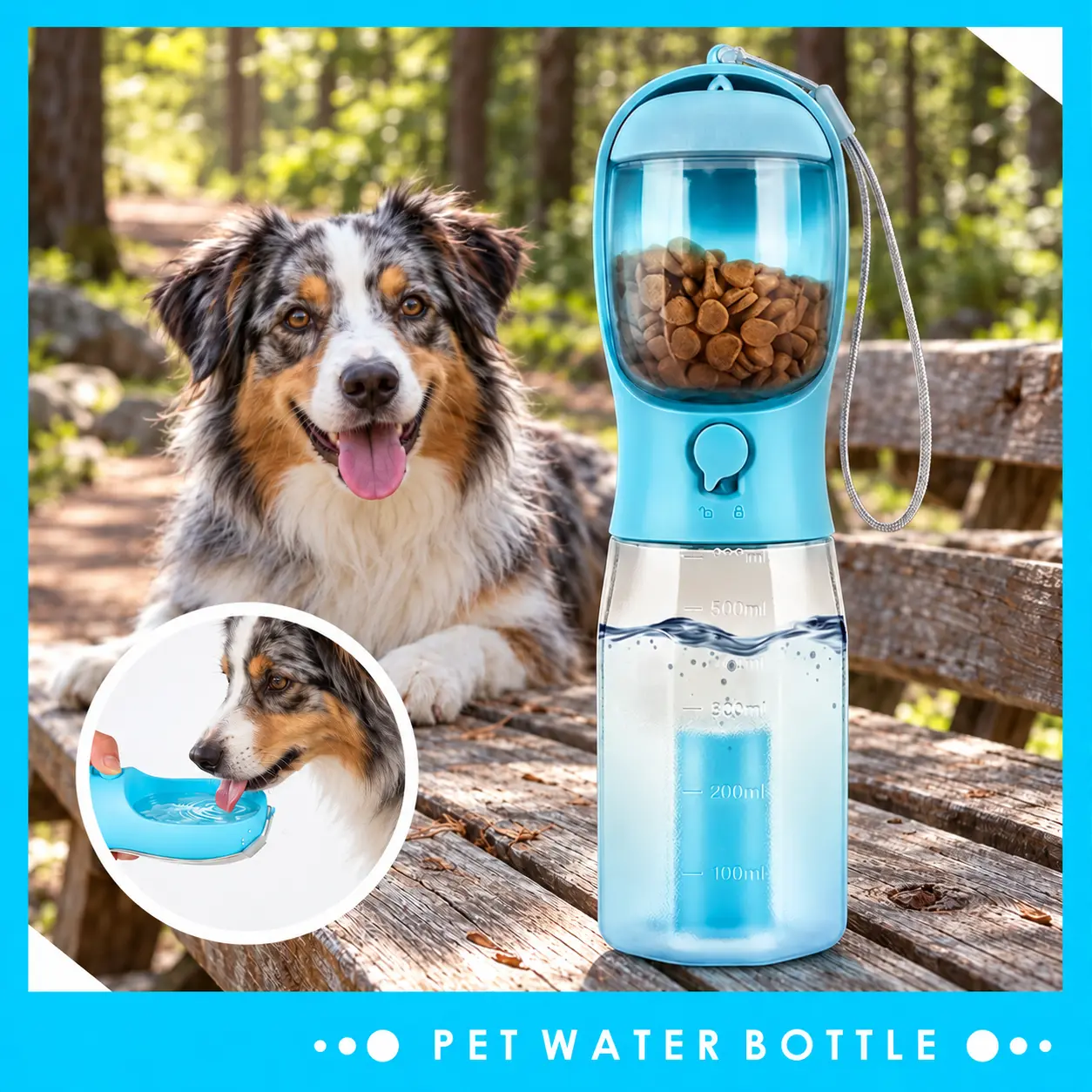 3-in-1 Dog Water Bottle with Food Storage and Poop Bag Dispenser, 20oz BPA-Free Portable Design for Daily Walks