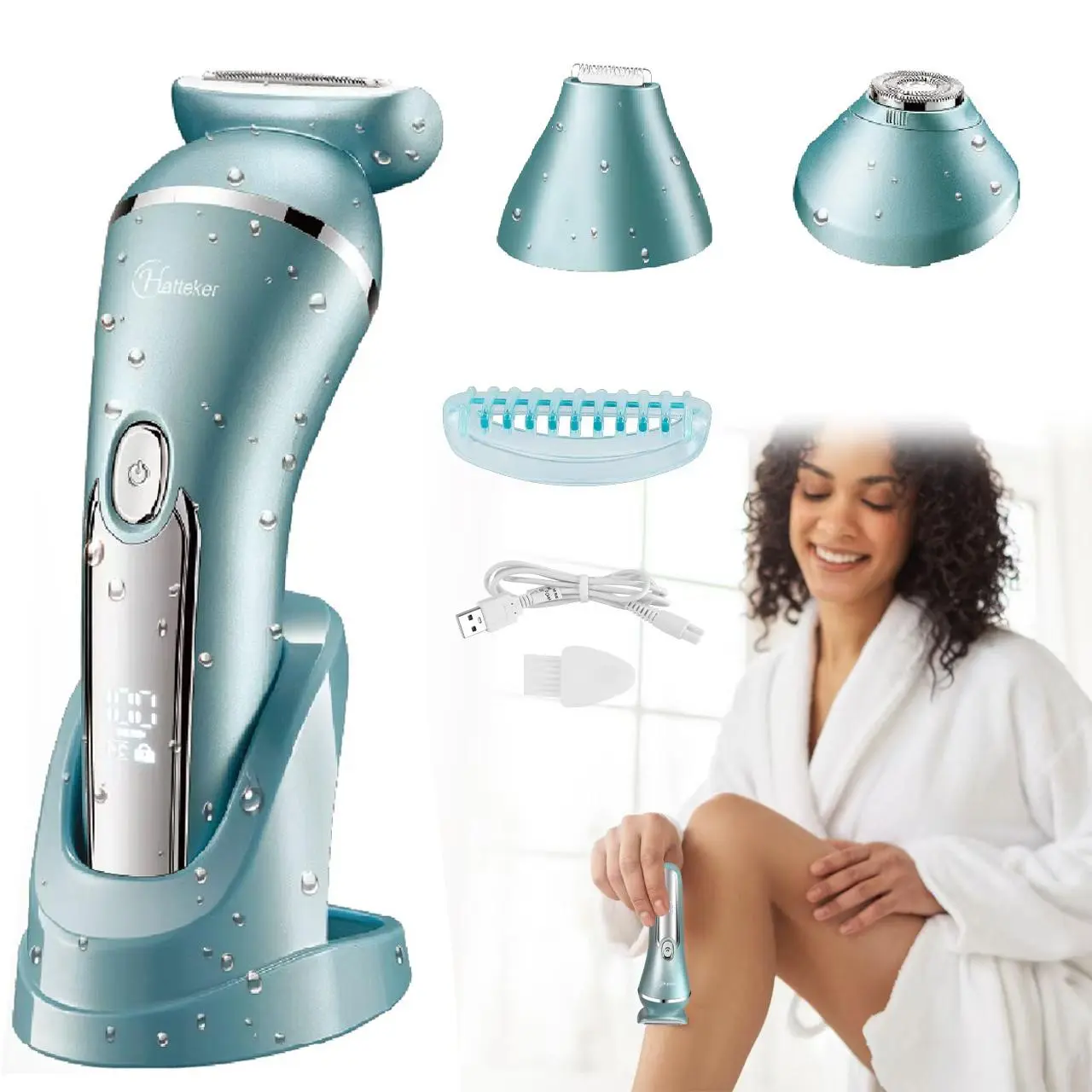 Hatteker 3 in 1 Women's Electric Shaver, 1 Box Safe Bikini Hair Trimmer, Electric Hair Shaver for Arms Legs Body, Usb Charging Gentle Hair Trimmer with Replacement Heads, Electric Shaver Women