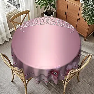 1 Piece Princess Pink Diamond Crown Flower & Lace Elegant Theme Round Tablecloth, Suitable for Girls' Valentine's Day Tea Party