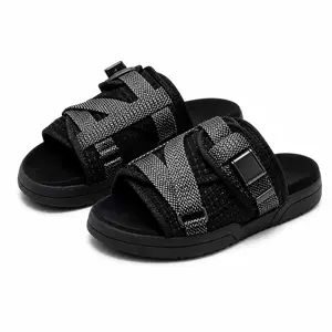 Black Slide Sandals for Adults, Open Toe Crisscross Woven Strap Slides with Speckled Pattern and Rectangular Hardware for Casual Wear and Travel